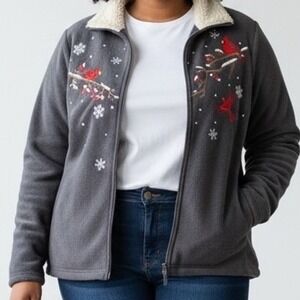 Breckenridge Fleece Jacket 1X Gray Full Zip Embroidered Cardinals‎ grandma core